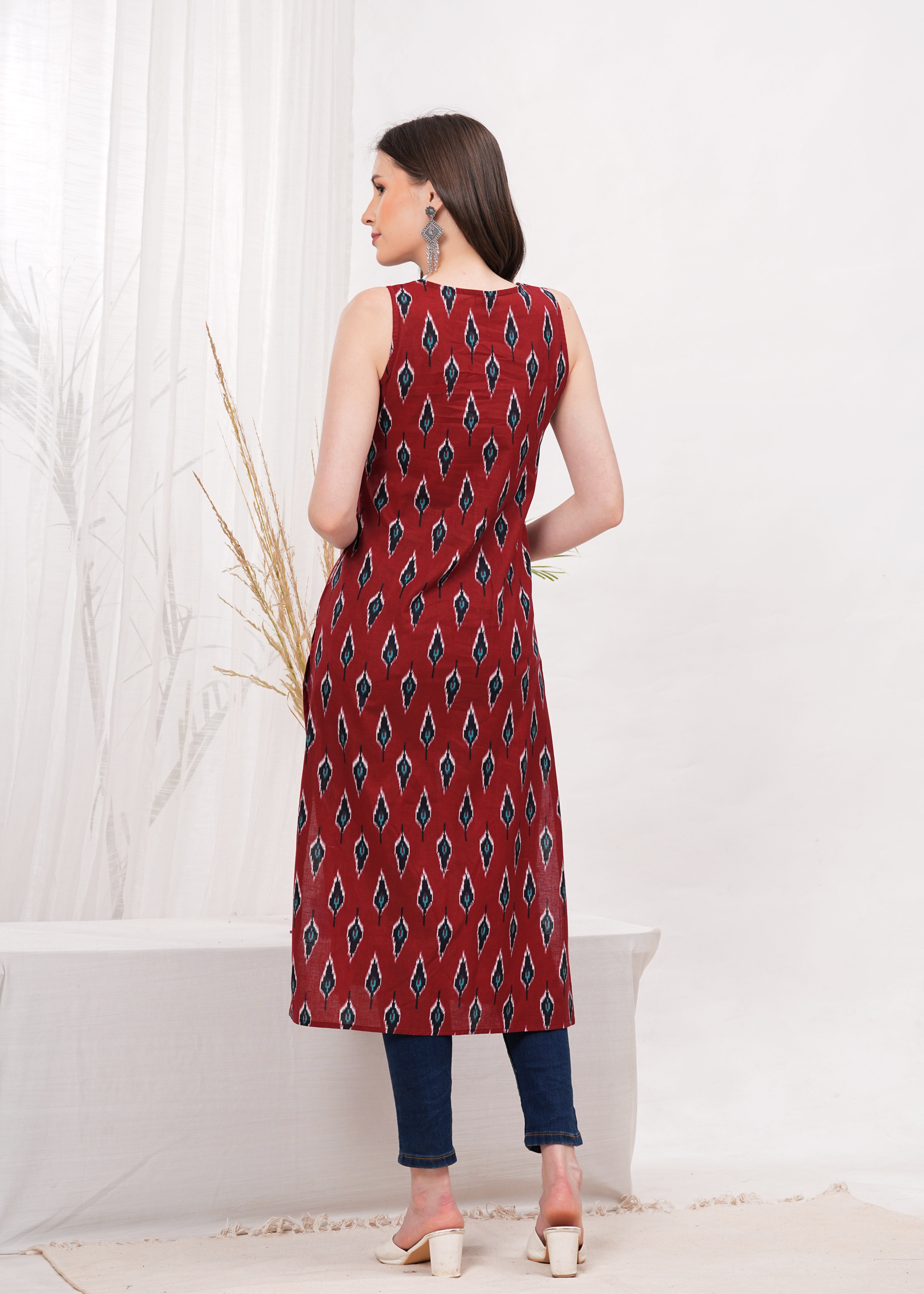 Crimson Red Ikkat Block Print Cotton Long Kurti - Celebrate Vibrant Traditions With Striking Red Ikkat Block Print
