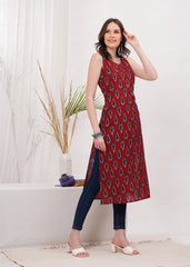 Crimson Red Ikkat Block Print Cotton Long Kurti - Celebrate Vibrant Traditions With Striking Red Ikkat Block Print