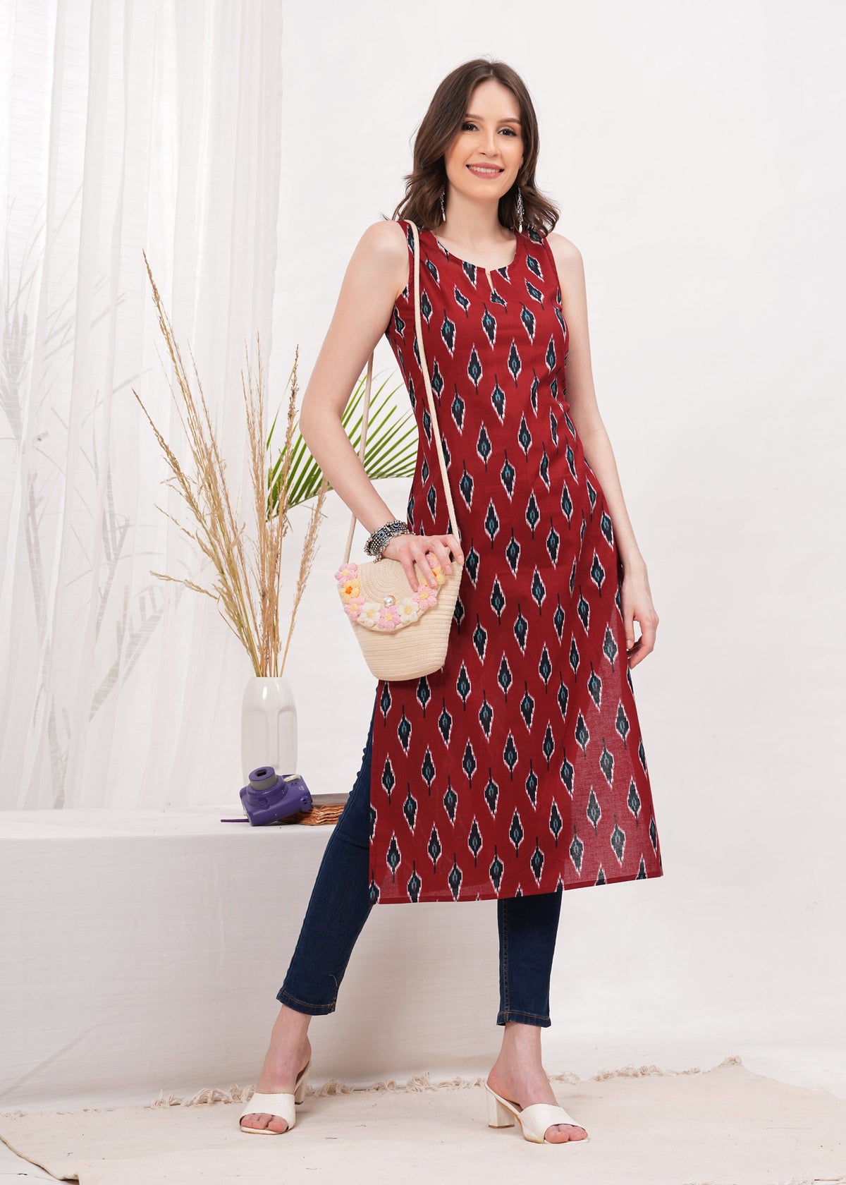 Crimson Red Ikkat Block Print Cotton Long Kurti - Celebrate Vibrant Traditions With Striking Red Ikkat Block Print