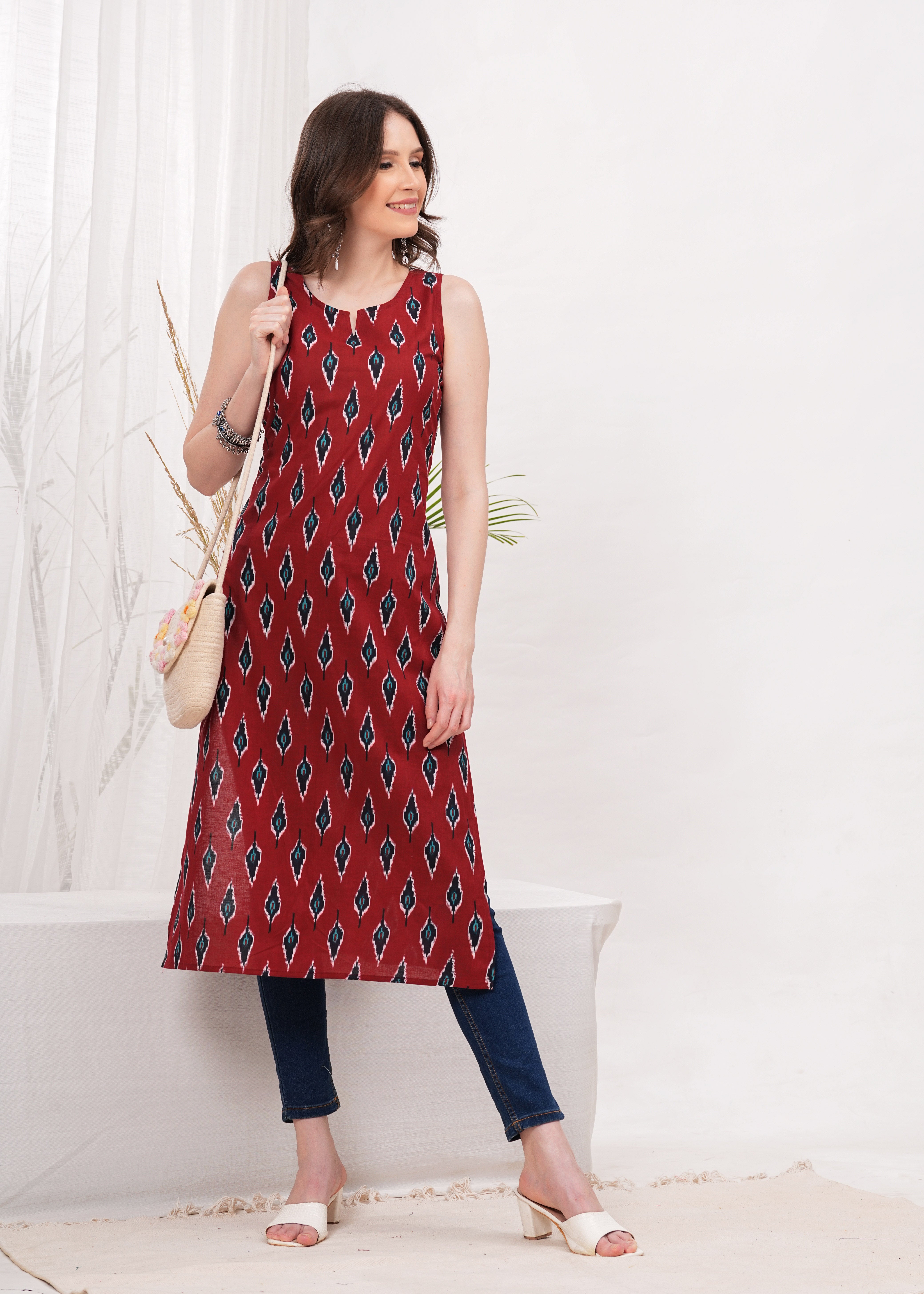 Crimson Red Ikkat Block Print Cotton Long Kurti - Celebrate Vibrant Traditions With Striking Red Ikkat Block Print
