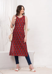 Crimson Red Ikkat Block Print Cotton Long Kurti - Celebrate Vibrant Traditions With Striking Red Ikkat Block Print