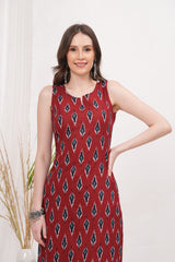 Vibrant Sleeveless Red Ikkat Block Print Kurta Pant Set - A Fusion of Traditional Craftsmanship and Contemporary Style for Effortless Elegance