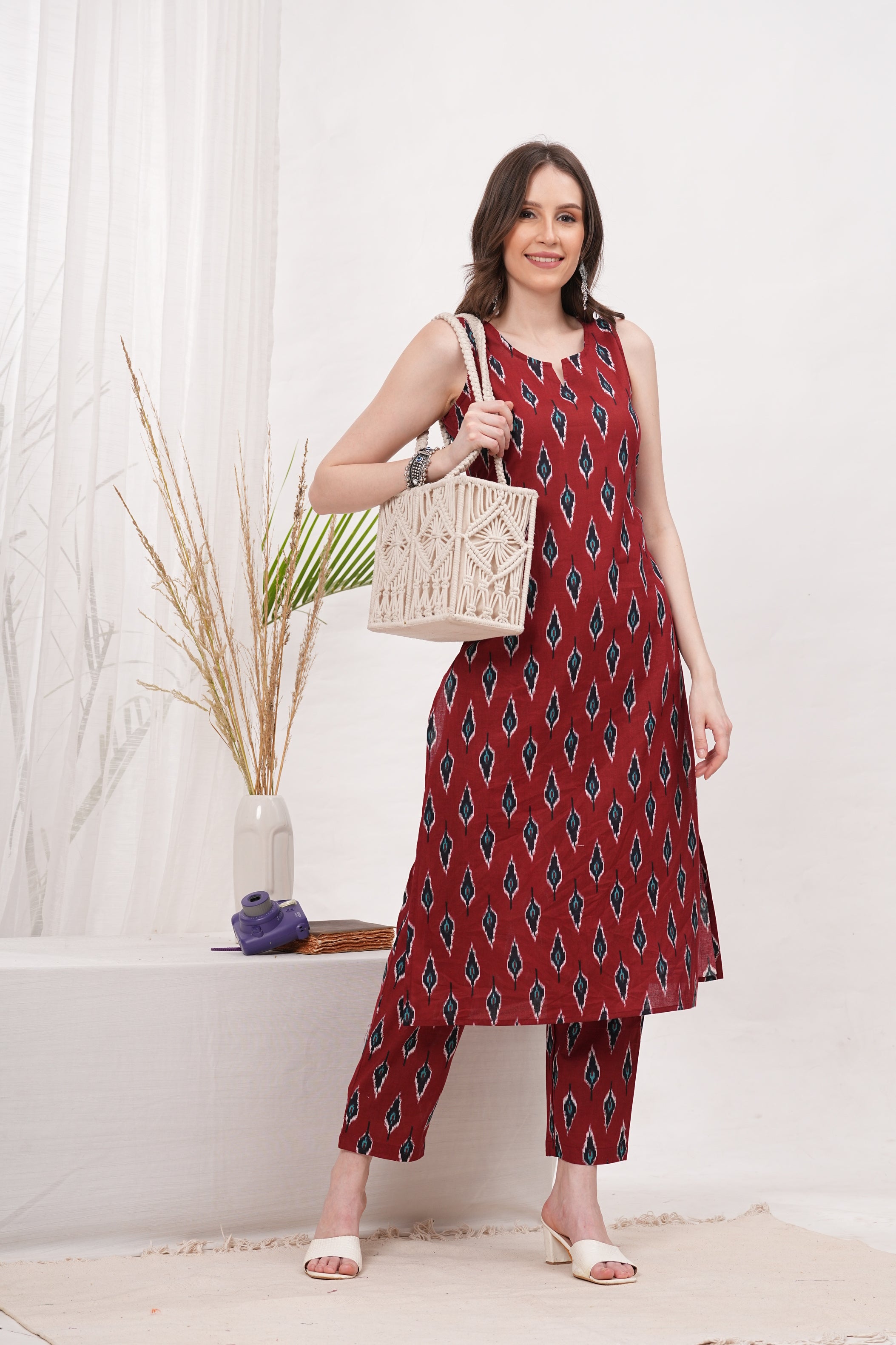 Vibrant Sleeveless Red Ikkat Block Print Kurta Pant Set - A Fusion of Traditional Craftsmanship and Contemporary Style for Effortless Elegance
