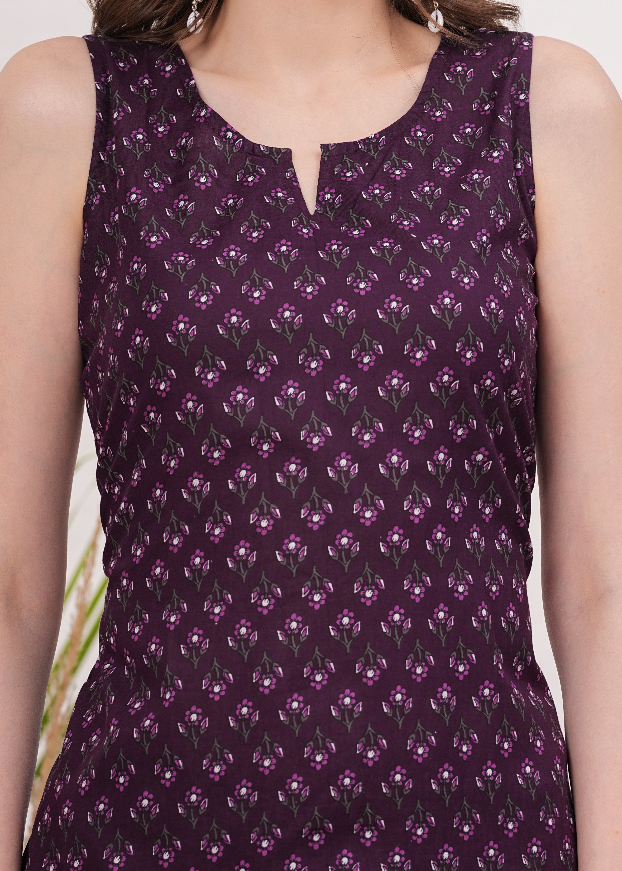 Sophisticated Sleeveless Purple Cotton Kurta with Artistic Block Print and Matching Pants - Ideal for Modern Ethnic Fashion