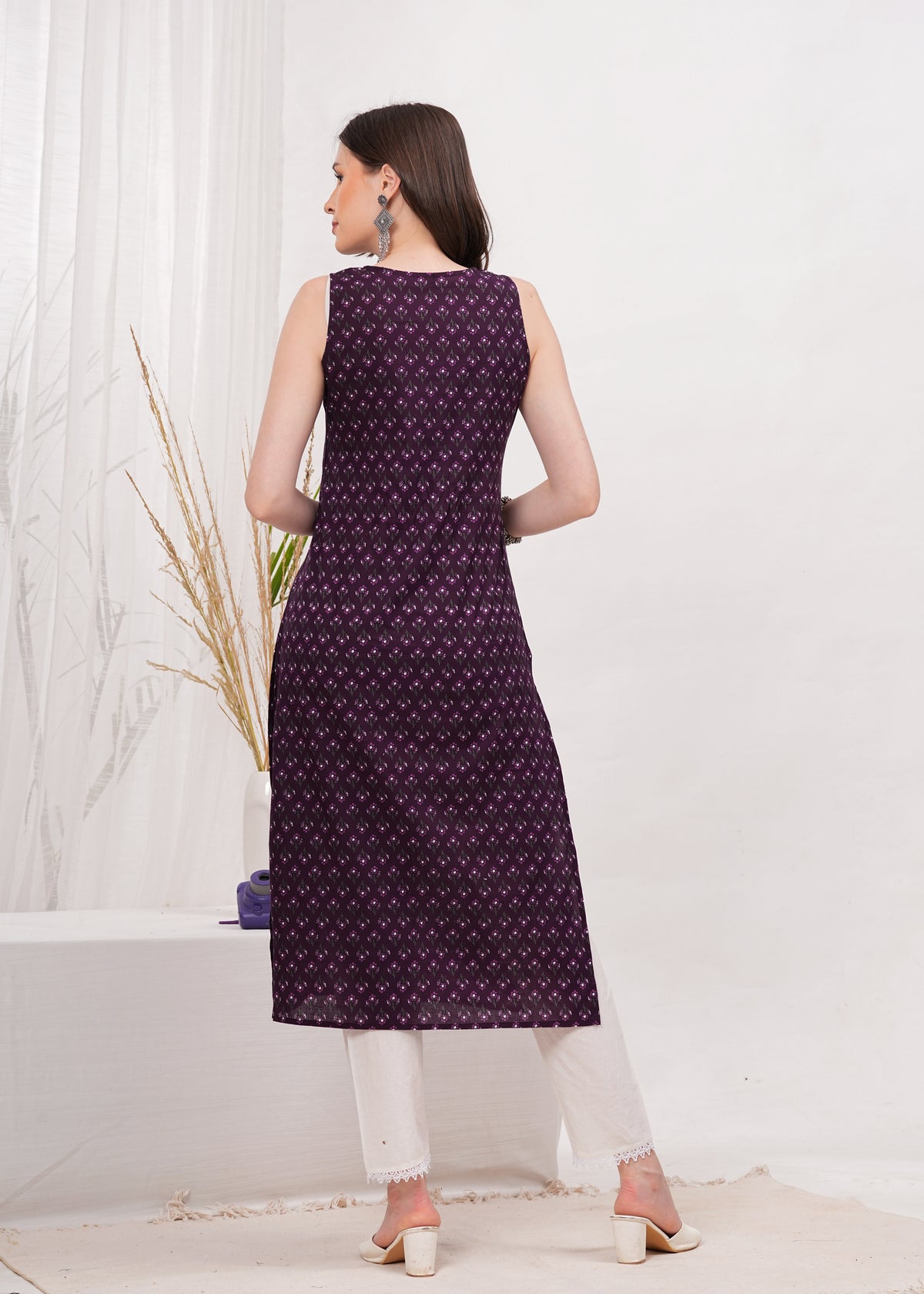 Elegant Violet Printed Cotton Long Kurti for Women with 3/4th Sleeves, Round Neck, and Comfortable Straight Fit - Perfect for Casual and Festive Wear