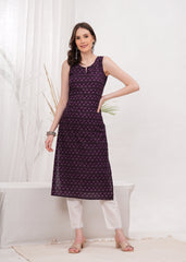 Elegant Violet Printed Cotton Long Kurti for Women with 3/4th Sleeves, Round Neck, and Comfortable Straight Fit - Perfect for Casual and Festive Wear