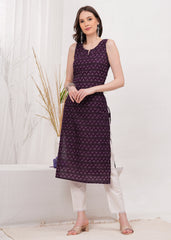 Elegant Violet Printed Cotton Long Kurti for Women with 3/4th Sleeves, Round Neck, and Comfortable Straight Fit - Perfect for Casual and Festive Wear