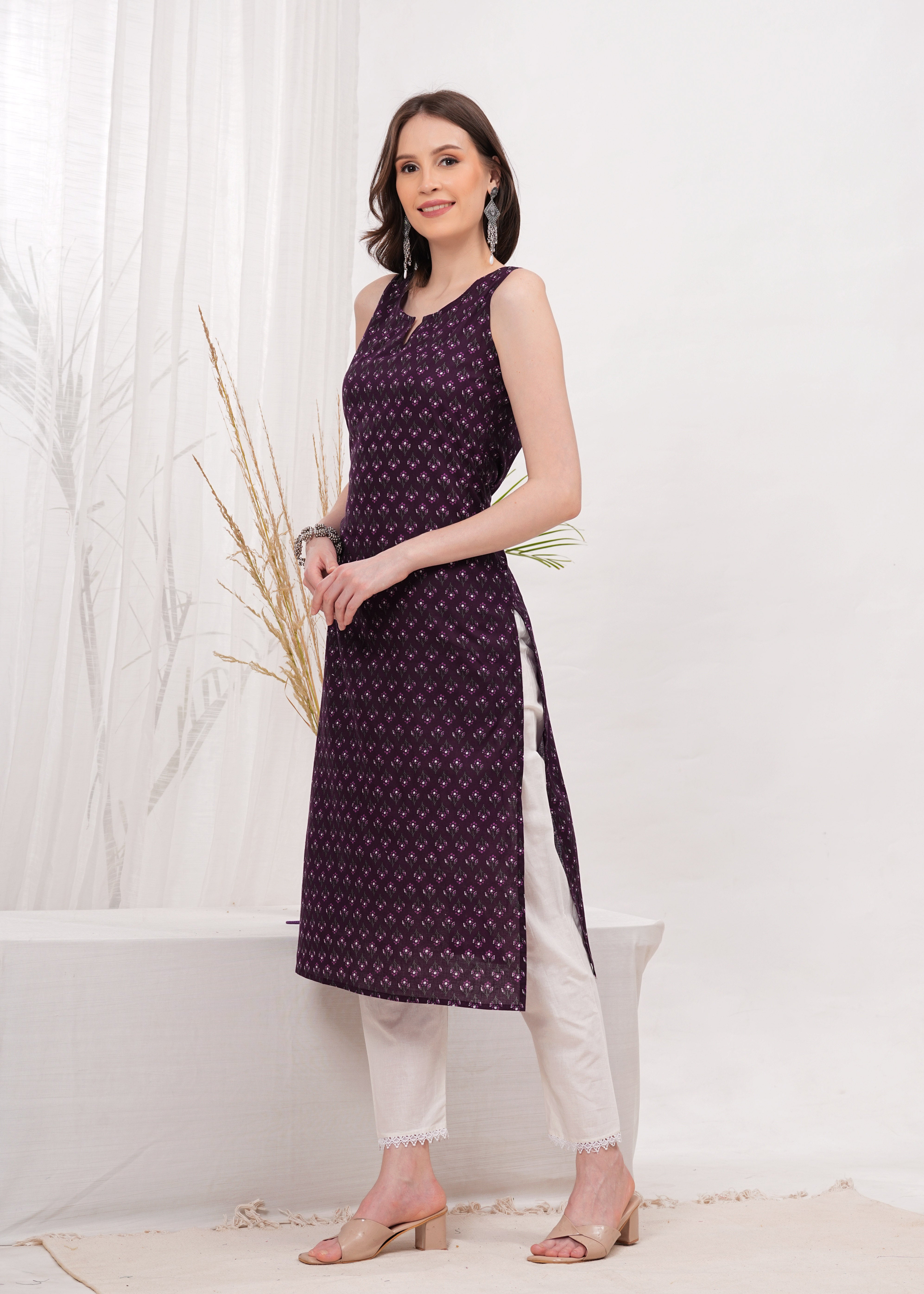Elegant Violet Printed Cotton Long Kurti for Women with 3/4th Sleeves, Round Neck, and Comfortable Straight Fit - Perfect for Casual and Festive Wear