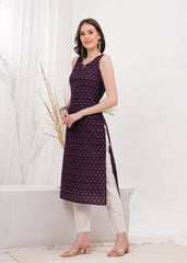 Elegant Violet Printed Cotton Long Kurti for Women with 3/4th Sleeves, Round Neck, and Comfortable Straight Fit - Perfect for Casual and Festive Wear