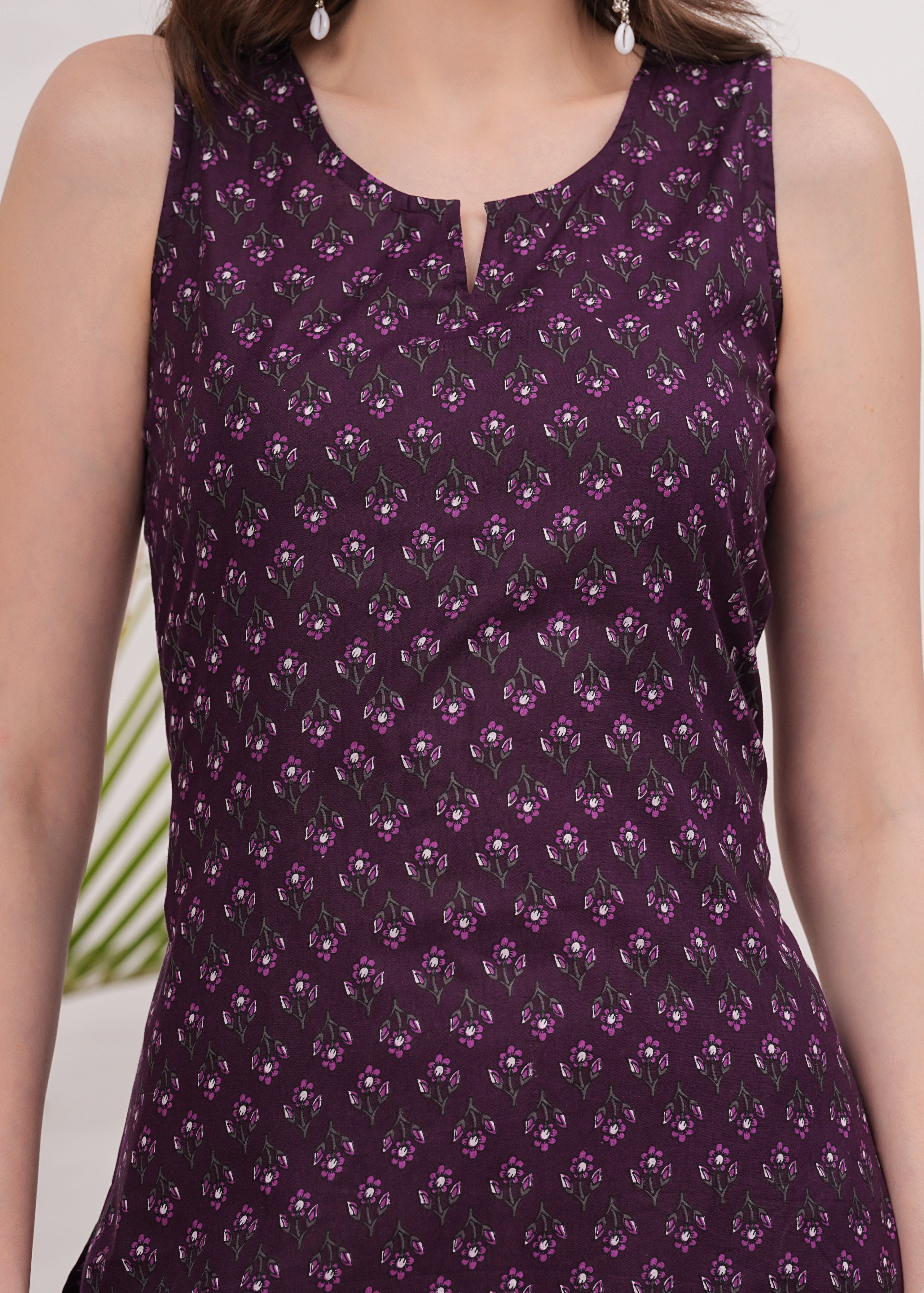 Elegant Violet Printed Cotton Long Kurti for Women with 3/4th Sleeves, Round Neck, and Comfortable Straight Fit - Perfect for Casual and Festive Wear