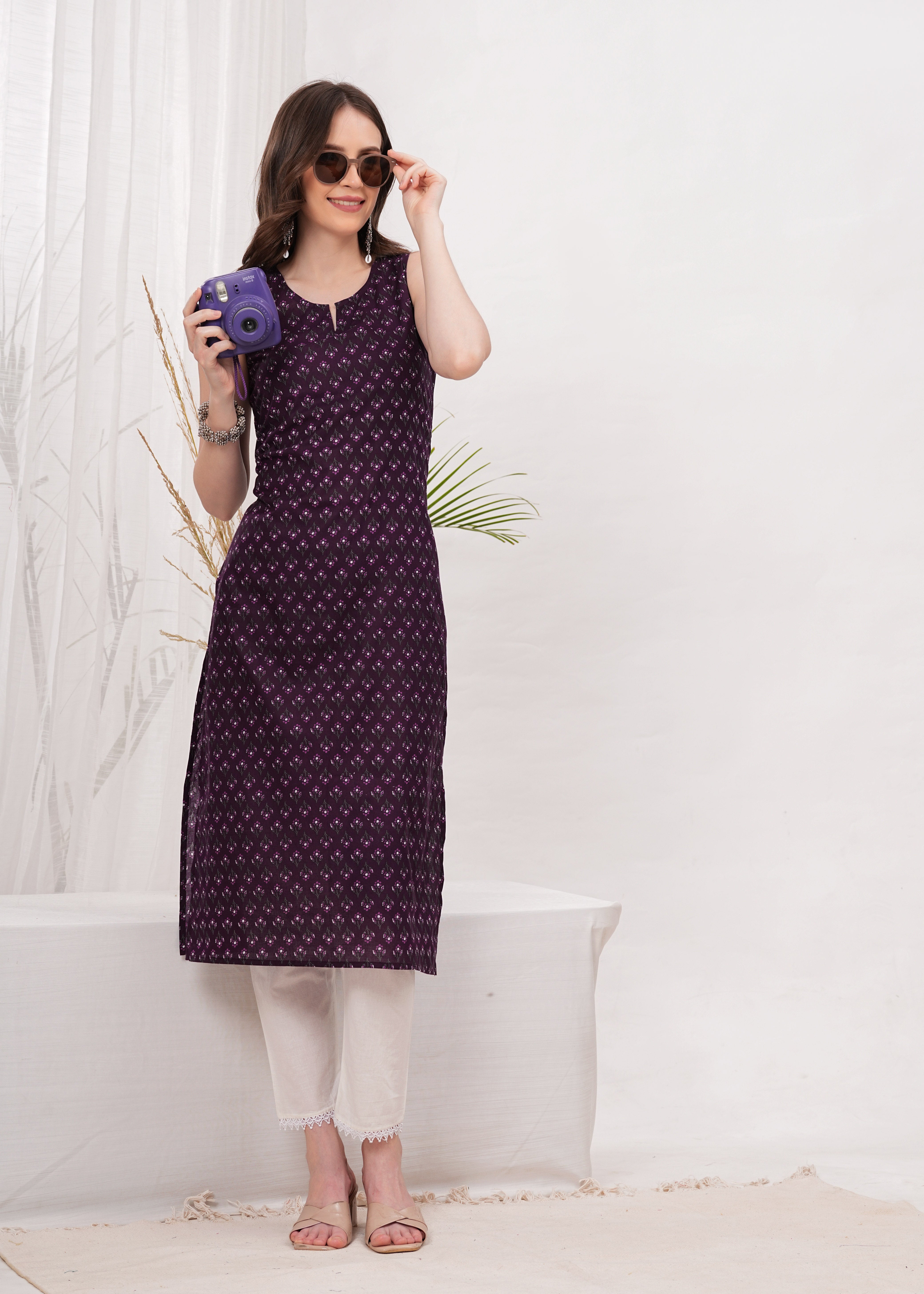 Elegant Violet Printed Cotton Long Kurti for Women with 3/4th Sleeves, Round Neck, and Comfortable Straight Fit - Perfect for Casual and Festive Wear