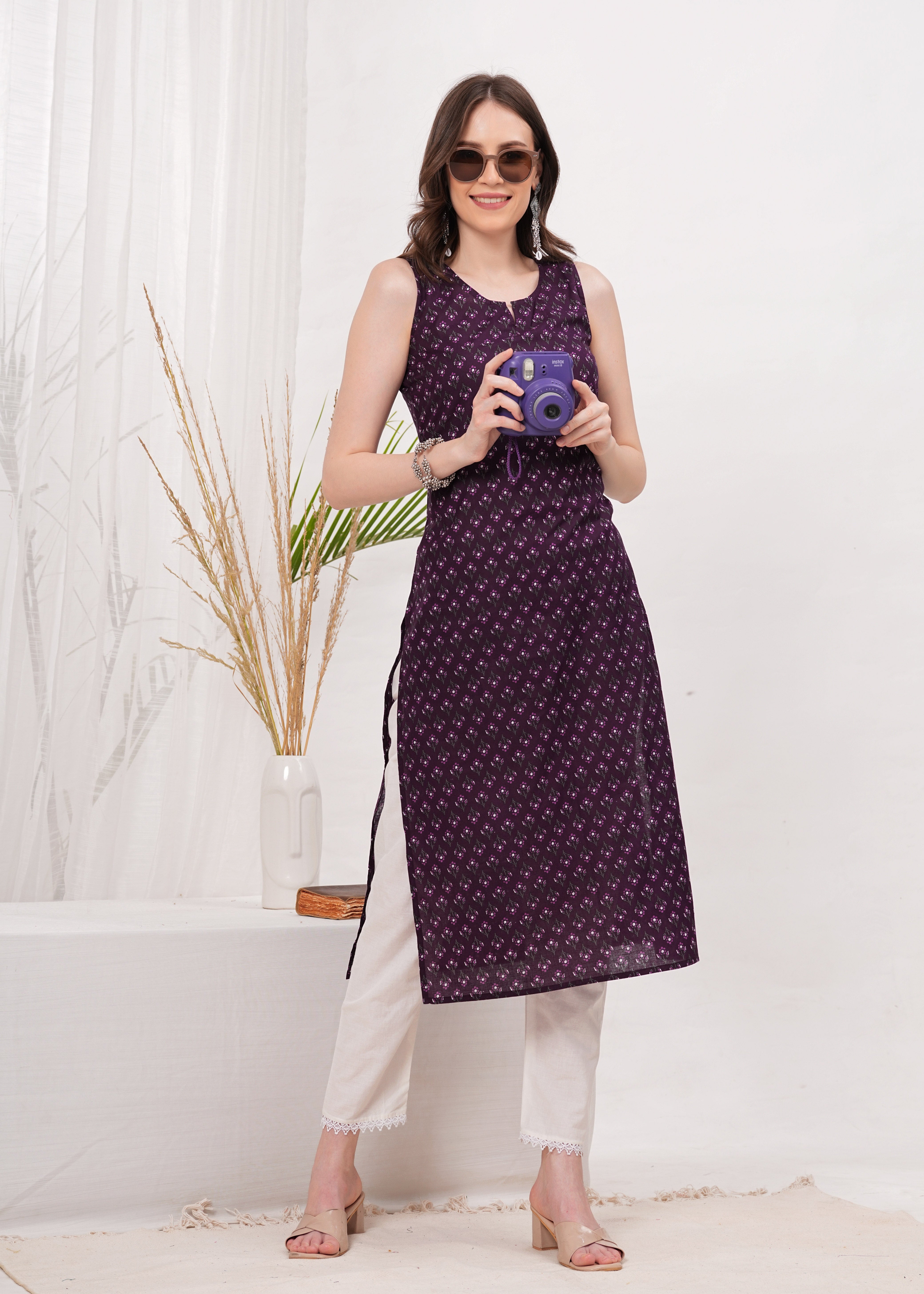 Elegant Violet Printed Cotton Long Kurti for Women with 3/4th Sleeves, Round Neck, and Comfortable Straight Fit - Perfect for Casual and Festive Wear