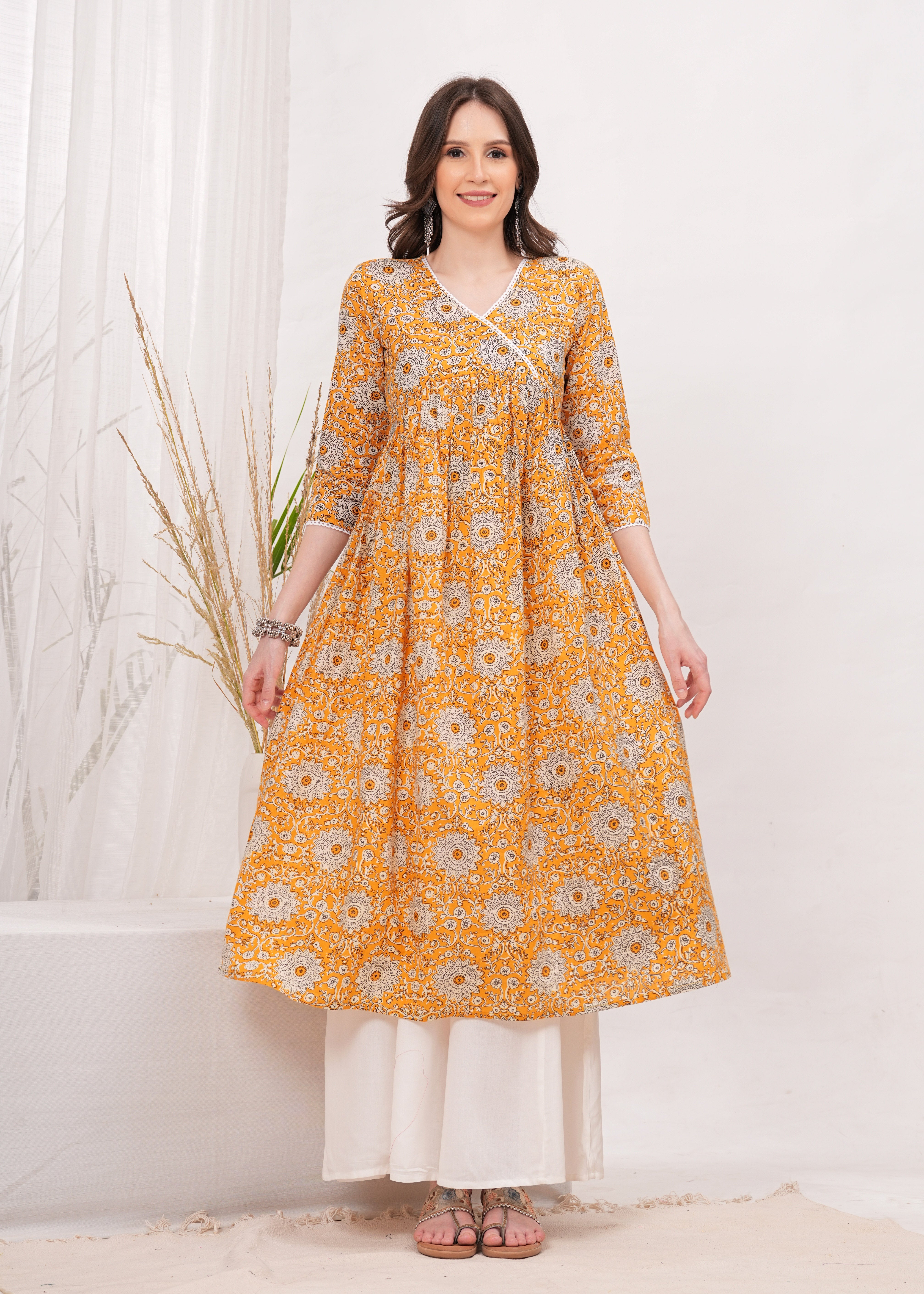 Flared Alia Cut Yellow Cotton Kurta With White Divider Kurta Set
