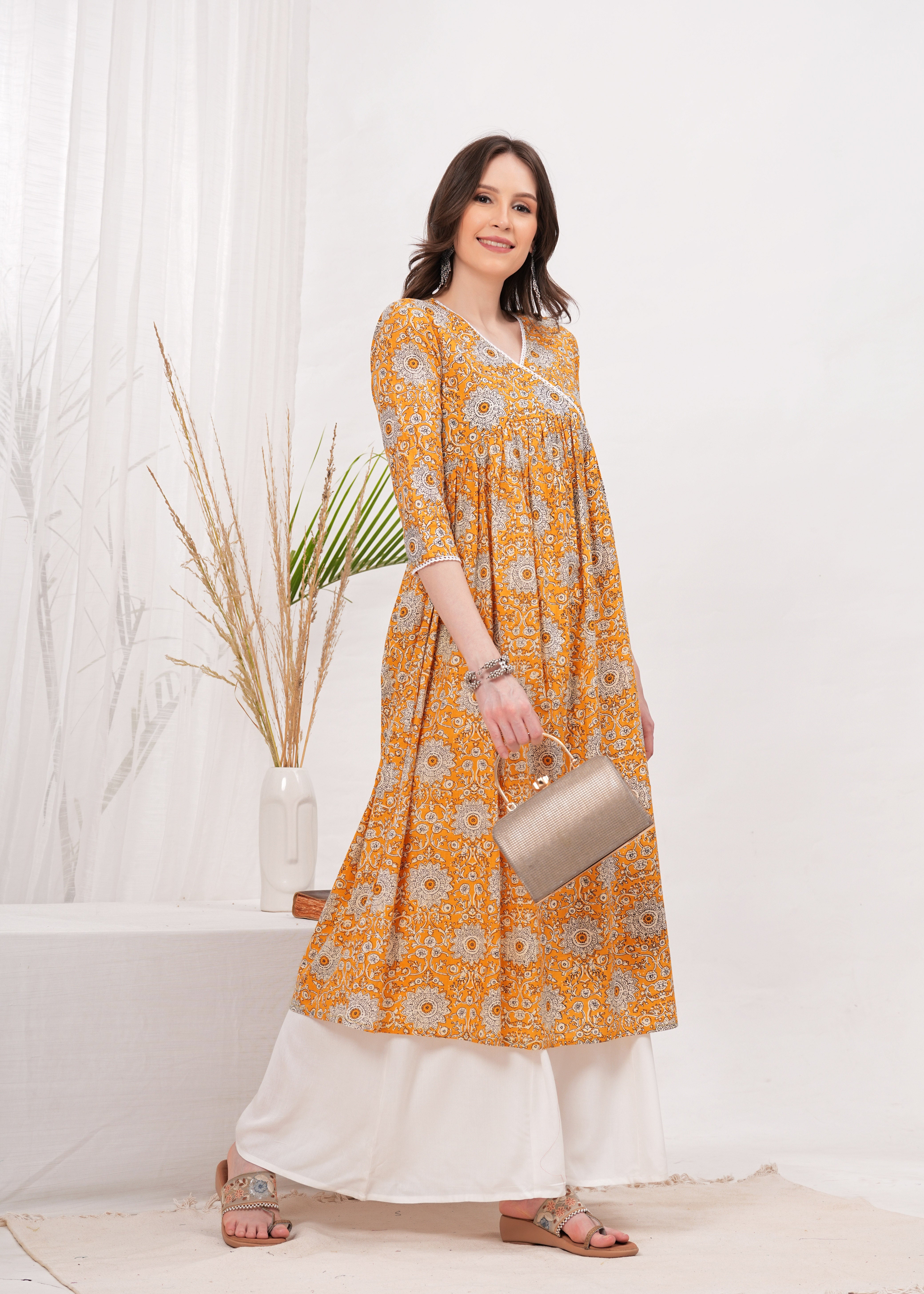 Flared Alia Cut Yellow Cotton Kurta With White Divider Kurta Set
