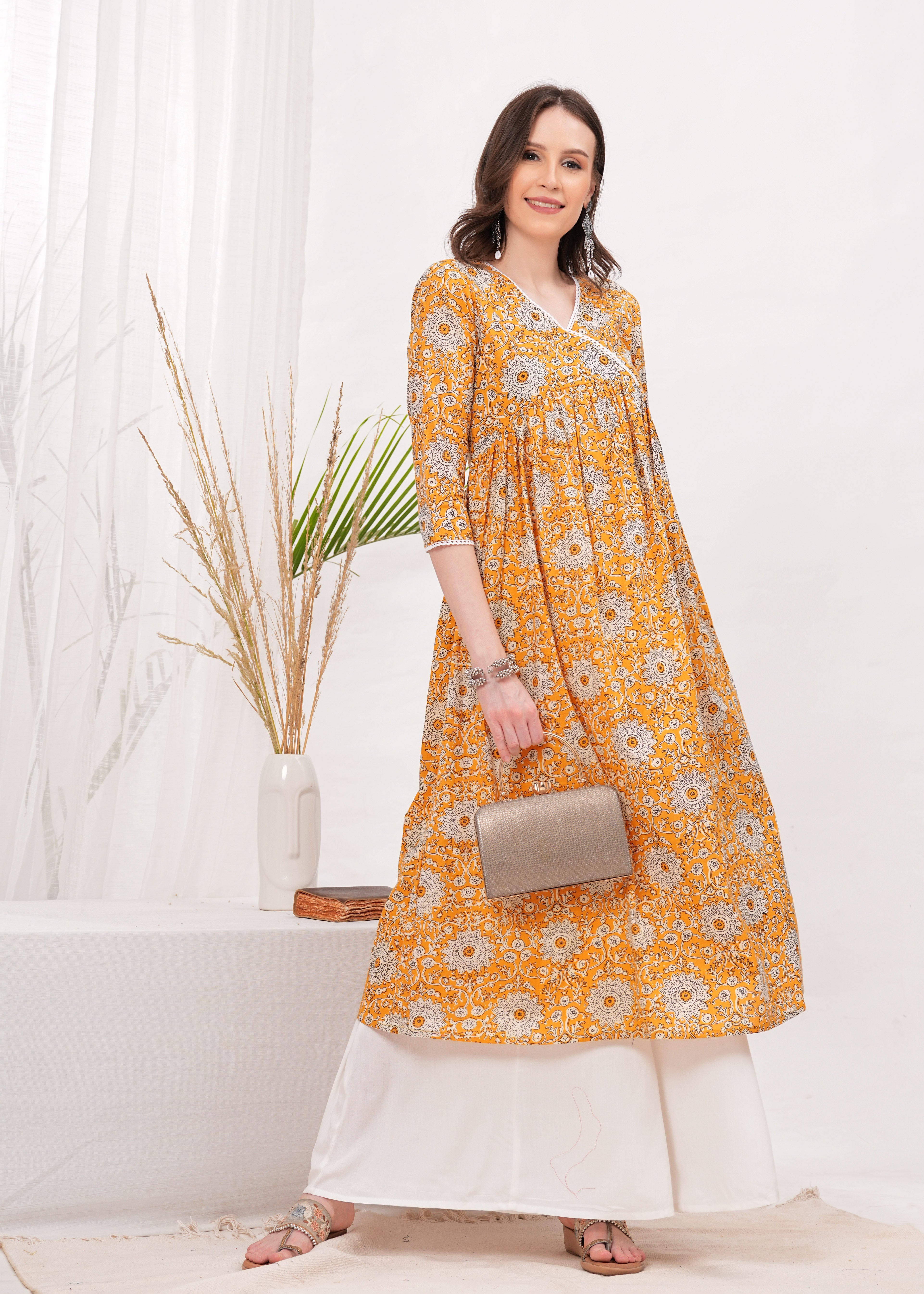Elegant Yellow Eye Catching Sunflower Print Flared Kurta - Perfect for a Radiant Look