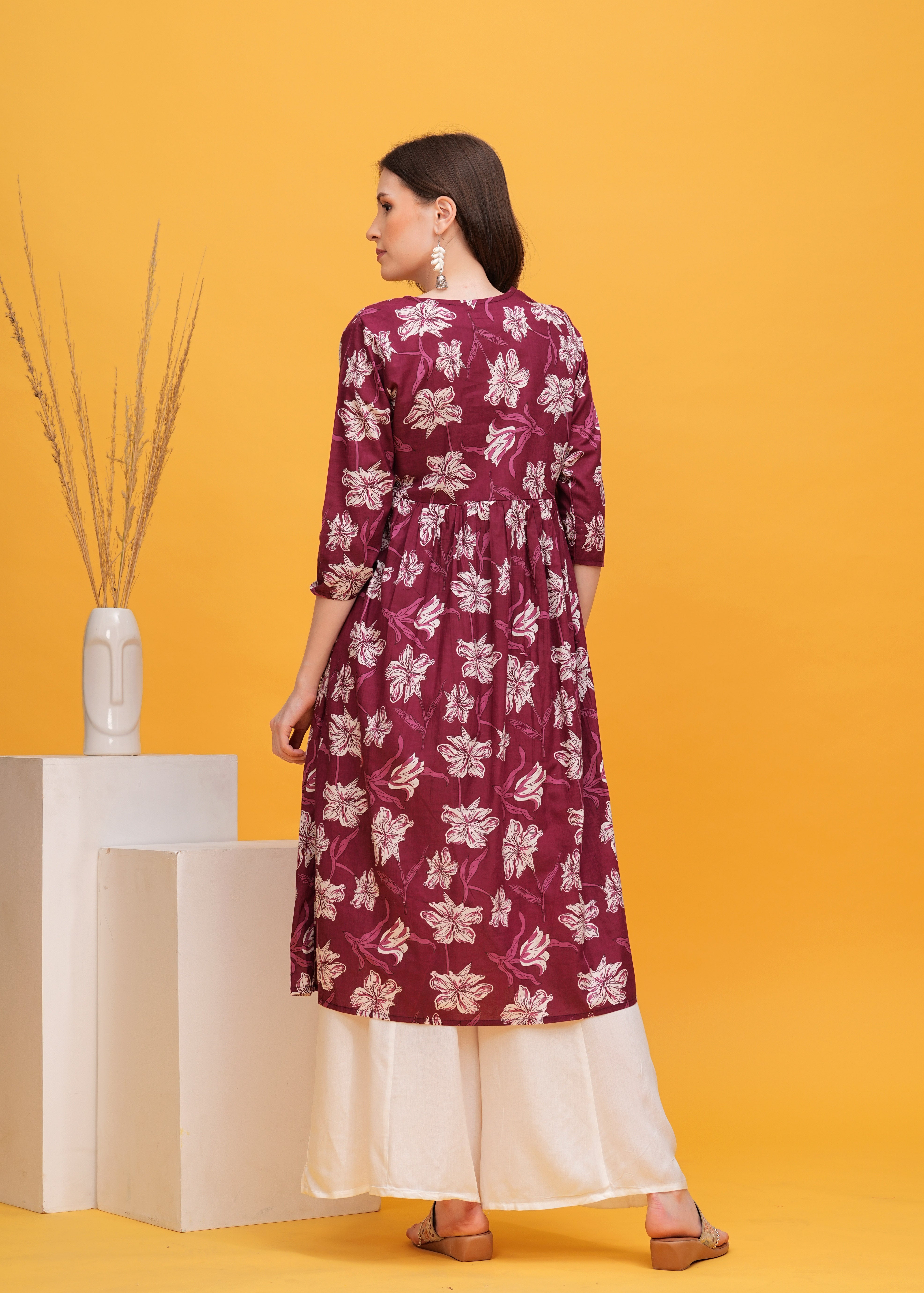 Elegant Maroon Flared Alia Cut Cotton Long Kurti with Intricate Prints - Soft, Comfortable Fabric for a Graceful and Effortlessly Stylish Ethnic Look
