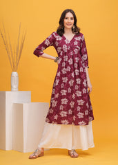 Flared Alia Cut Maroon Color Cotton Kurta with White Divider Kurta Set