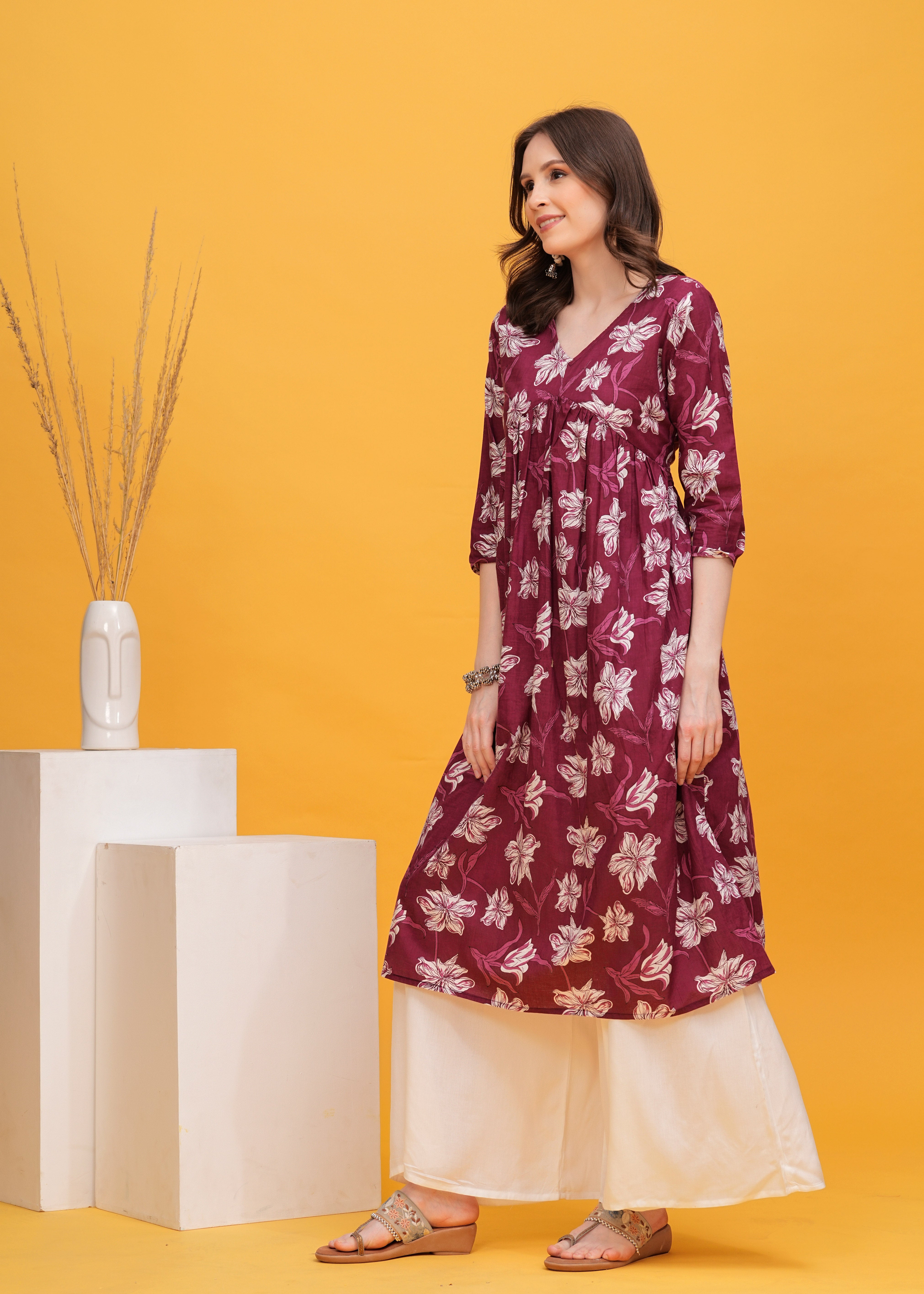 Elegant Maroon Flared Alia Cut Cotton Long Kurti with Intricate Prints - Soft, Comfortable Fabric for a Graceful and Effortlessly Stylish Ethnic Look