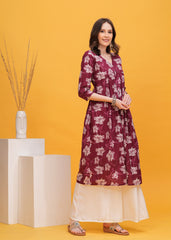 Flared Alia Cut Maroon Color Cotton Kurta with White Divider Kurta Set