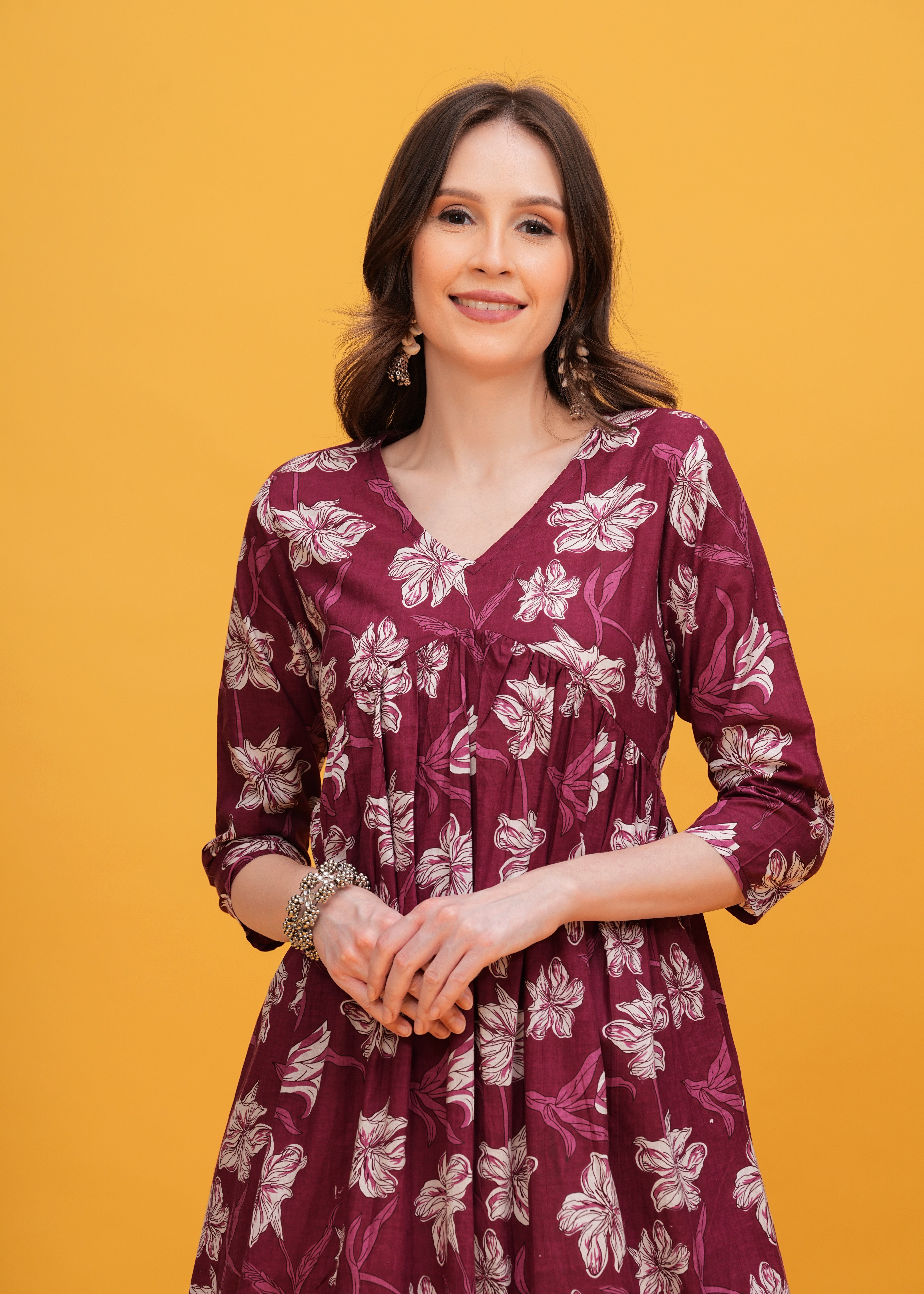 Flared Alia Cut Maroon Color Cotton Kurta with White Divider Kurta Set
