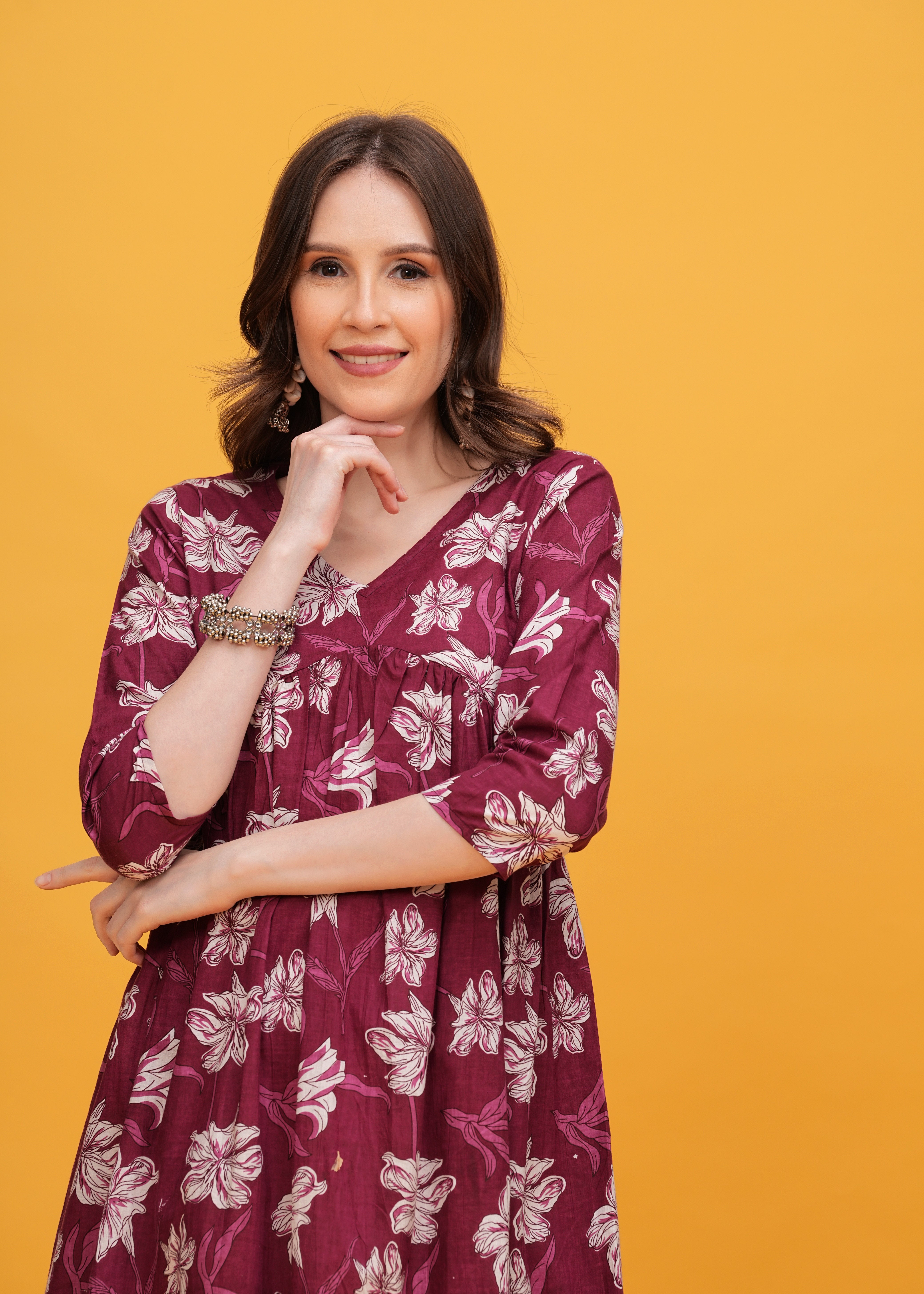 Elegant Maroon Flared Alia Cut Cotton Long Kurti with Intricate Prints - Soft, Comfortable Fabric for a Graceful and Effortlessly Stylish Ethnic Look