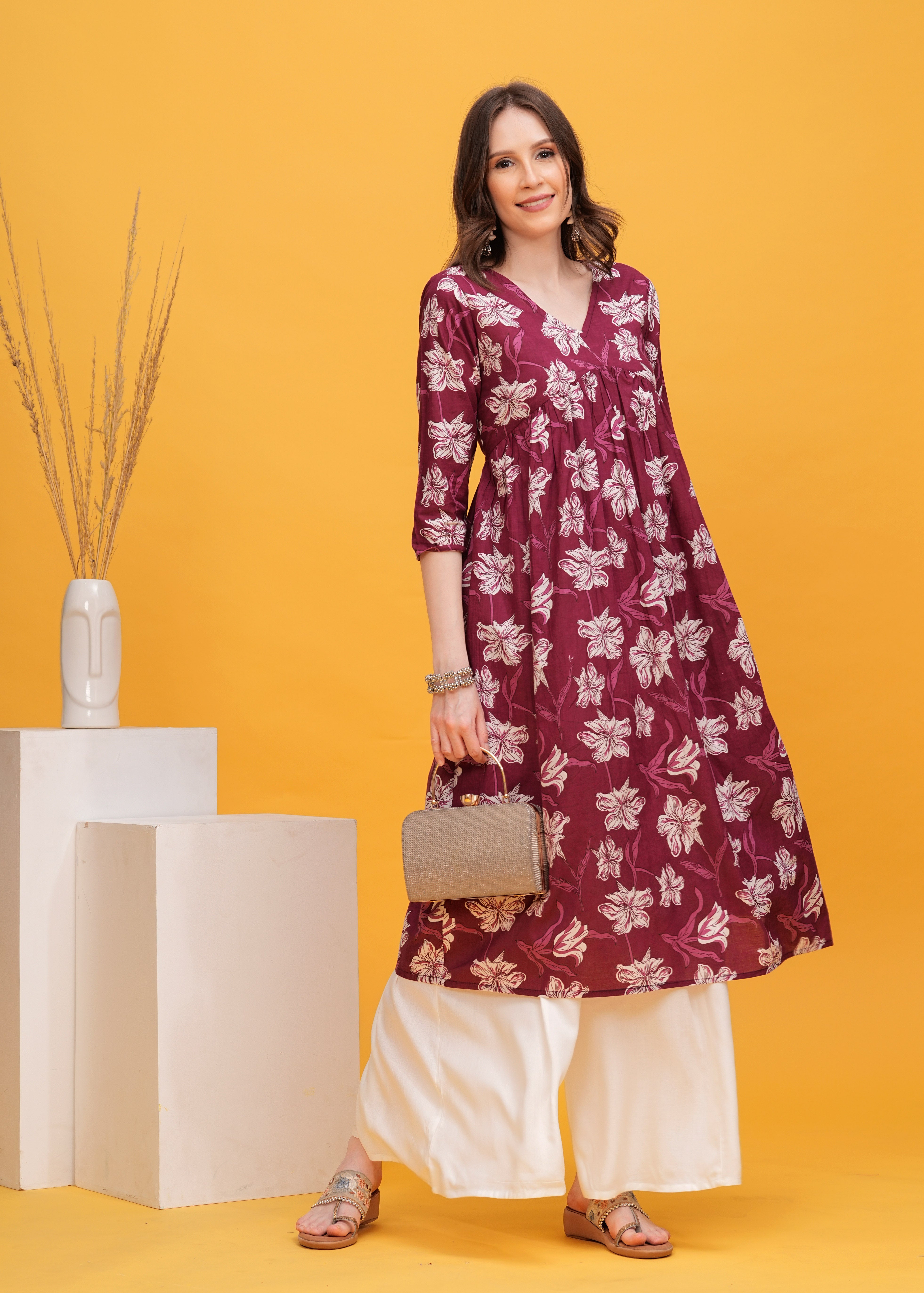 Flared Alia Cut Maroon Color Cotton Kurta with White Divider Kurta Set