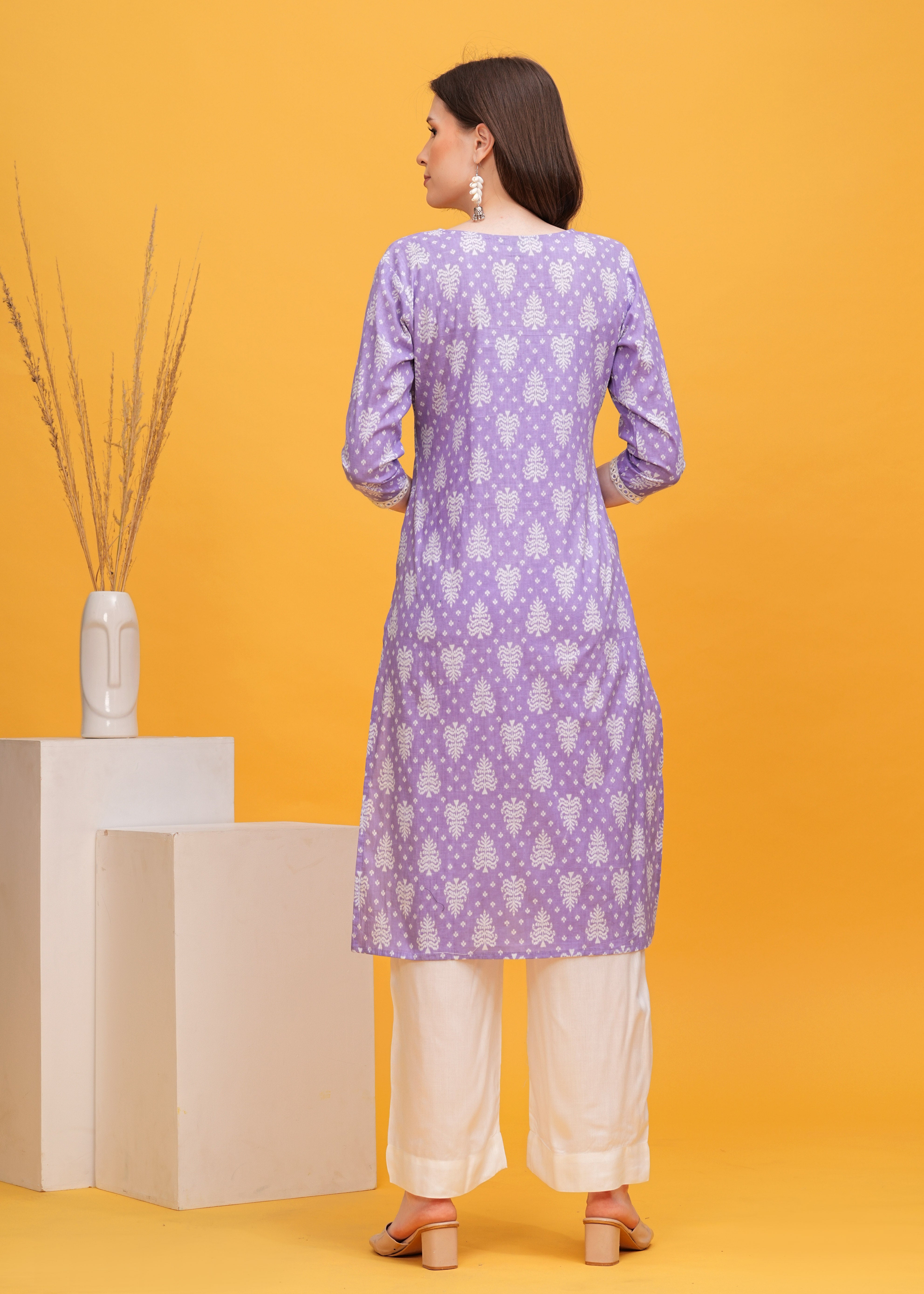 Lavender Dream Block Print Cotton Long Kurti -Embrace Soft Elegance With Charming Lavender Block Print