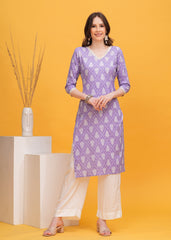 Sophisticated Straight Lavender Kurta with Beautiful Prints Paired with Timeless White Palazzo - Ideal for a Graceful and Chic Look