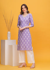 Lavender Dream Block Print Cotton Long Kurti -Embrace Soft Elegance With Charming Lavender Block Print
