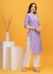 Sophisticated Straight Lavender Kurta with Beautiful Prints Paired with Timeless White Palazzo - Ideal for a Graceful and Chic Look