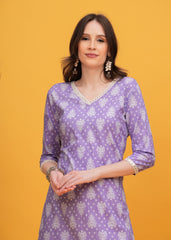 Lavender Dream Block Print Cotton Long Kurti -Embrace Soft Elegance With Charming Lavender Block Print