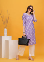 Lavender Dream Block Print Cotton Long Kurti -Embrace Soft Elegance With Charming Lavender Block Print