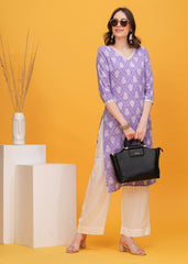 Lavender Dream Block Print Cotton Long Kurti -Embrace Soft Elegance With Charming Lavender Block Print