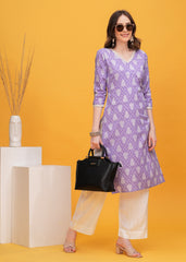 Sophisticated Straight Lavender Kurta with Beautiful Prints Paired with Timeless White Palazzo - Ideal for a Graceful and Chic Look