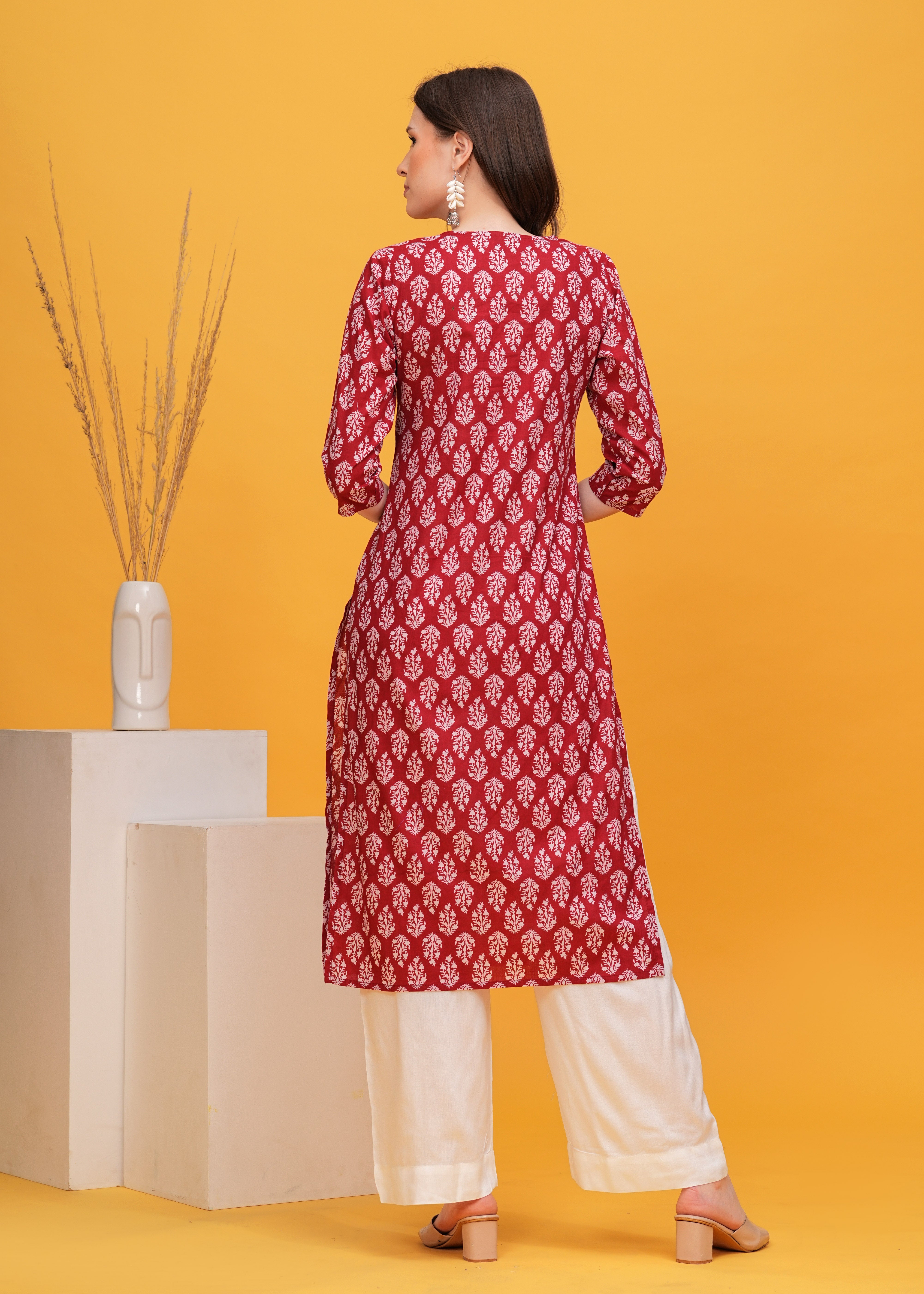 Vibrant Red Block Print Cotton Long Kurti -Boldness and Comfort In Stunning Red Block Print