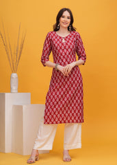 Vibrant Red Block Print Cotton Long Kurti -Boldness and Comfort In Stunning Red Block Print