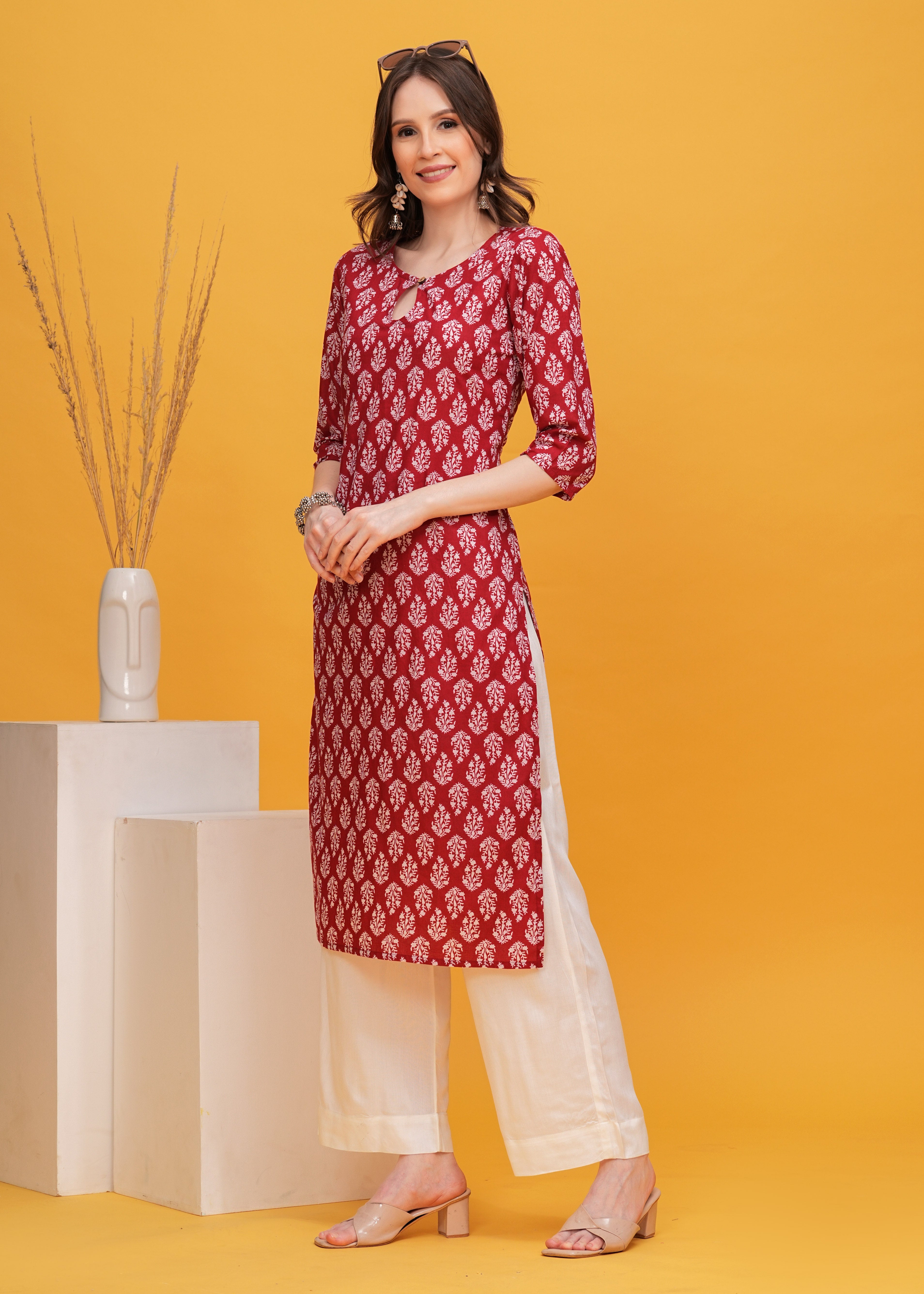 Vibrant Red Block Printed Cotton Kurta Paired with Elegant White Palazzo - A Perfect Ensemble for Chic Ethnic Fashion
