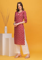 Vibrant Red Block Printed Cotton Kurta Paired with Elegant White Palazzo - A Perfect Ensemble for Chic Ethnic Fashion