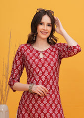 Vibrant Red Block Print Cotton Long Kurti -Boldness and Comfort In Stunning Red Block Print