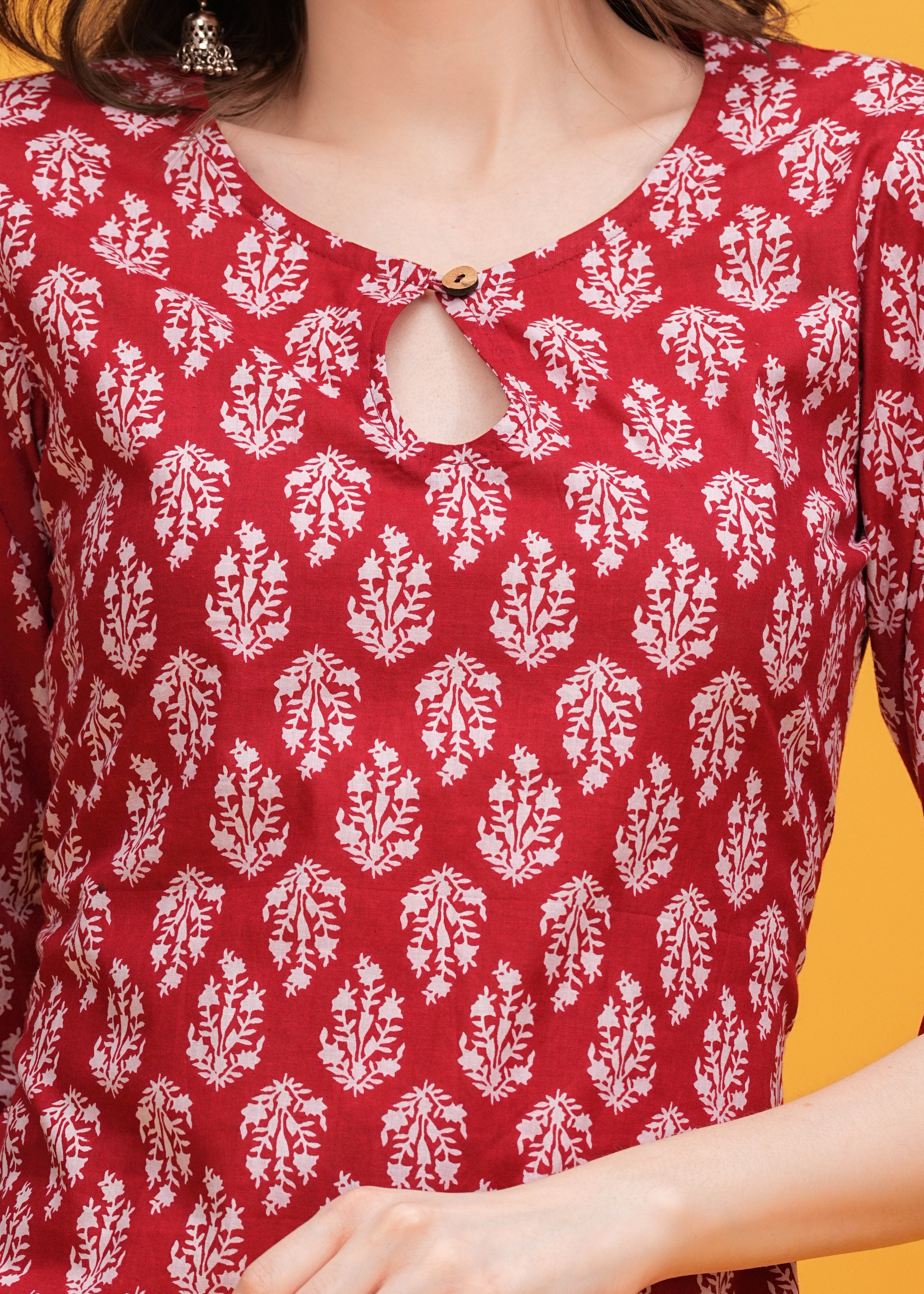 Vibrant Red Block Print Cotton Long Kurti -Boldness and Comfort In Stunning Red Block Print