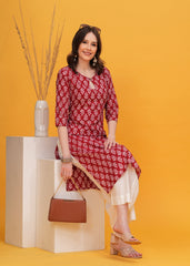 Vibrant Red Block Print Cotton Long Kurti -Boldness and Comfort In Stunning Red Block Print