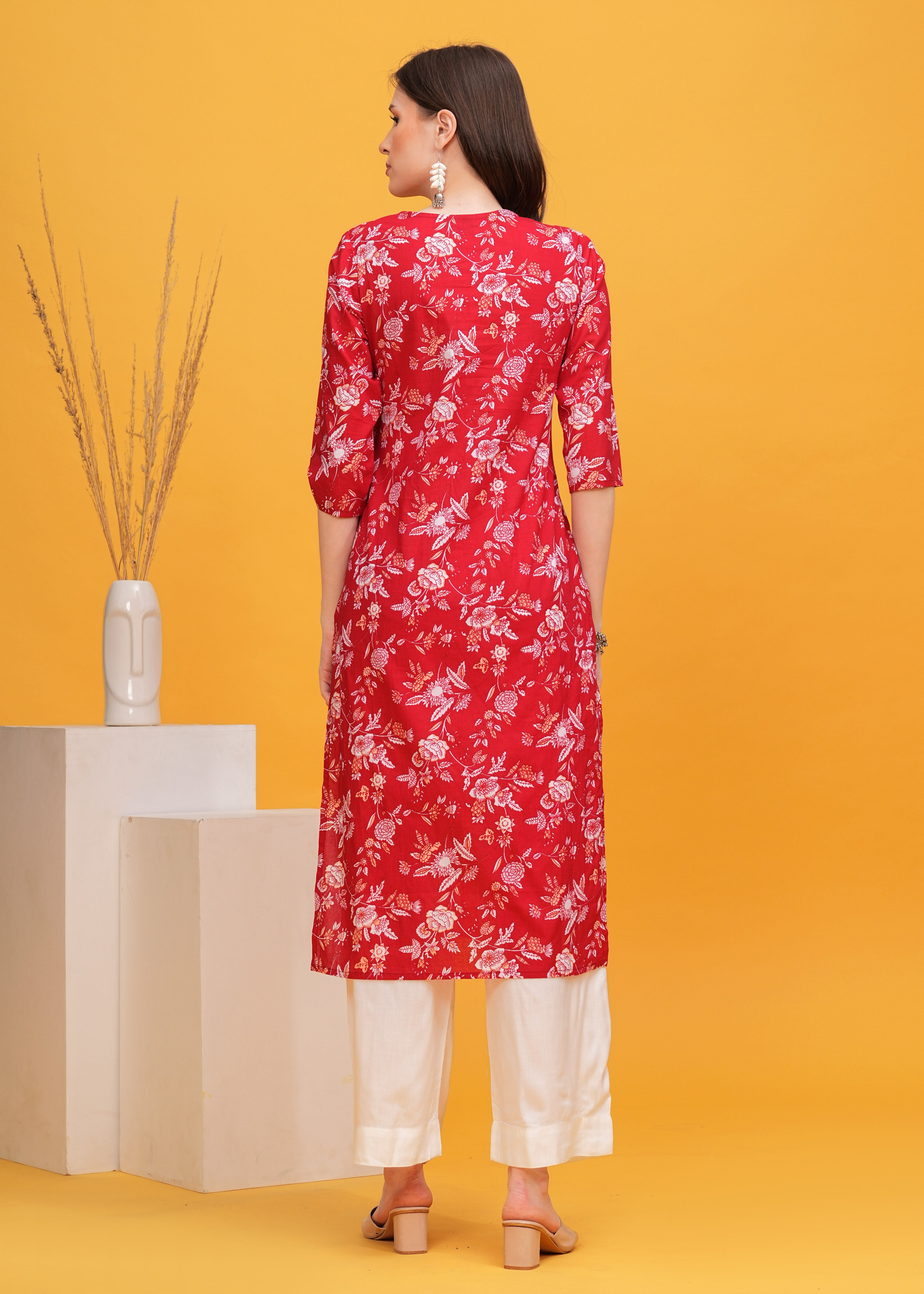 Floral Fiesta Red Color Cotton Long Kurti -Combining Comfort and Vibrant Style For Any Occasion