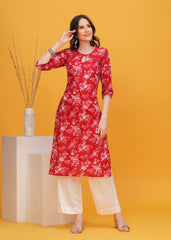Charming Red Flower Printed Cotton Kurta Paired with Elegant White Palazzo - A Perfect Ensemble for Effortless Ethnic Style