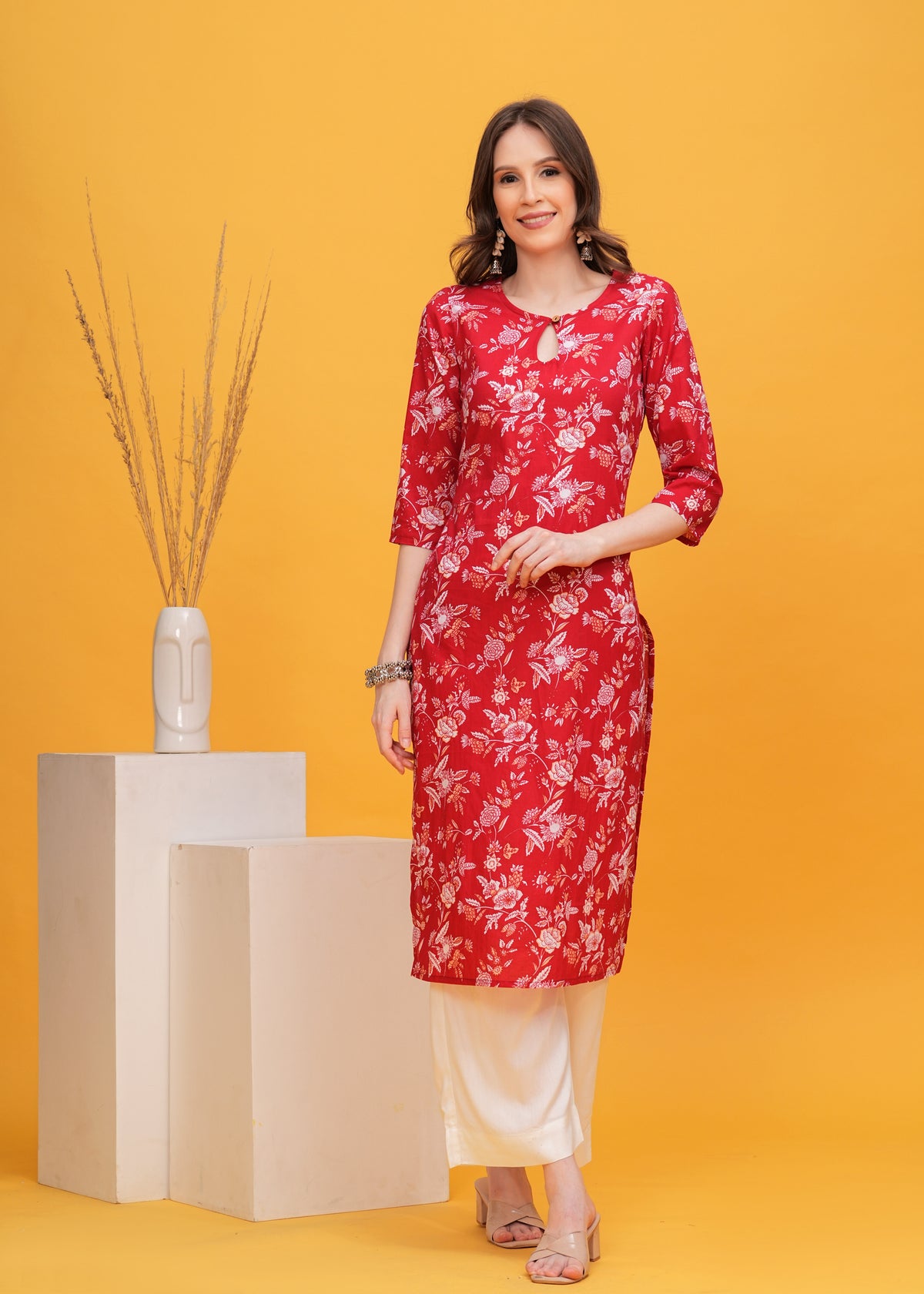 Floral Fiesta Red Color Cotton Long Kurti -Combining Comfort and Vibrant Style For Any Occasion