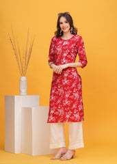 Floral Fiesta Red Color Cotton Long Kurti -Combining Comfort and Vibrant Style For Any Occasion