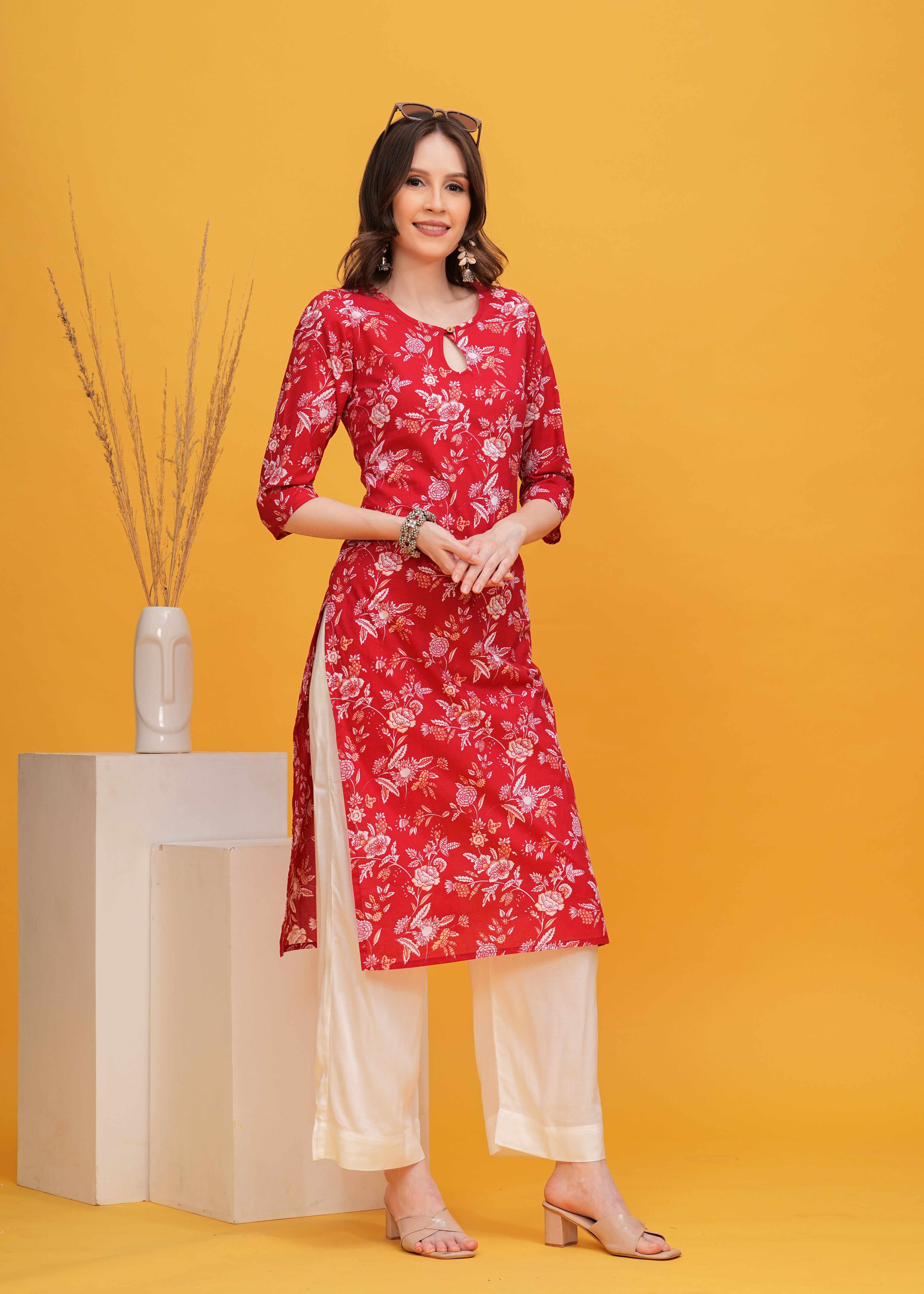 Charming Red Flower Printed Cotton Kurta Paired with Elegant White Palazzo - A Perfect Ensemble for Effortless Ethnic Style