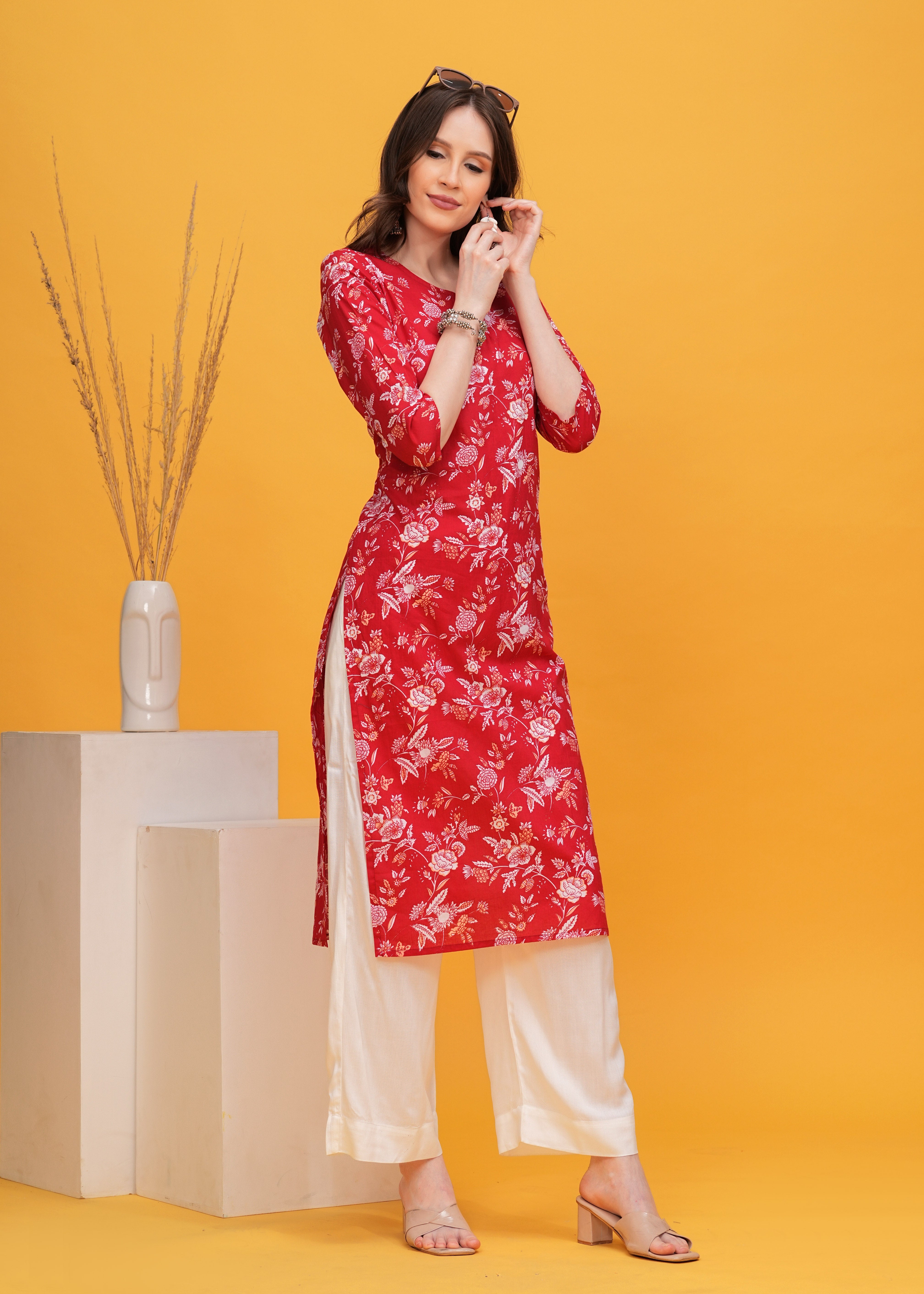 Floral Fiesta Red Color Cotton Long Kurti -Combining Comfort and Vibrant Style For Any Occasion