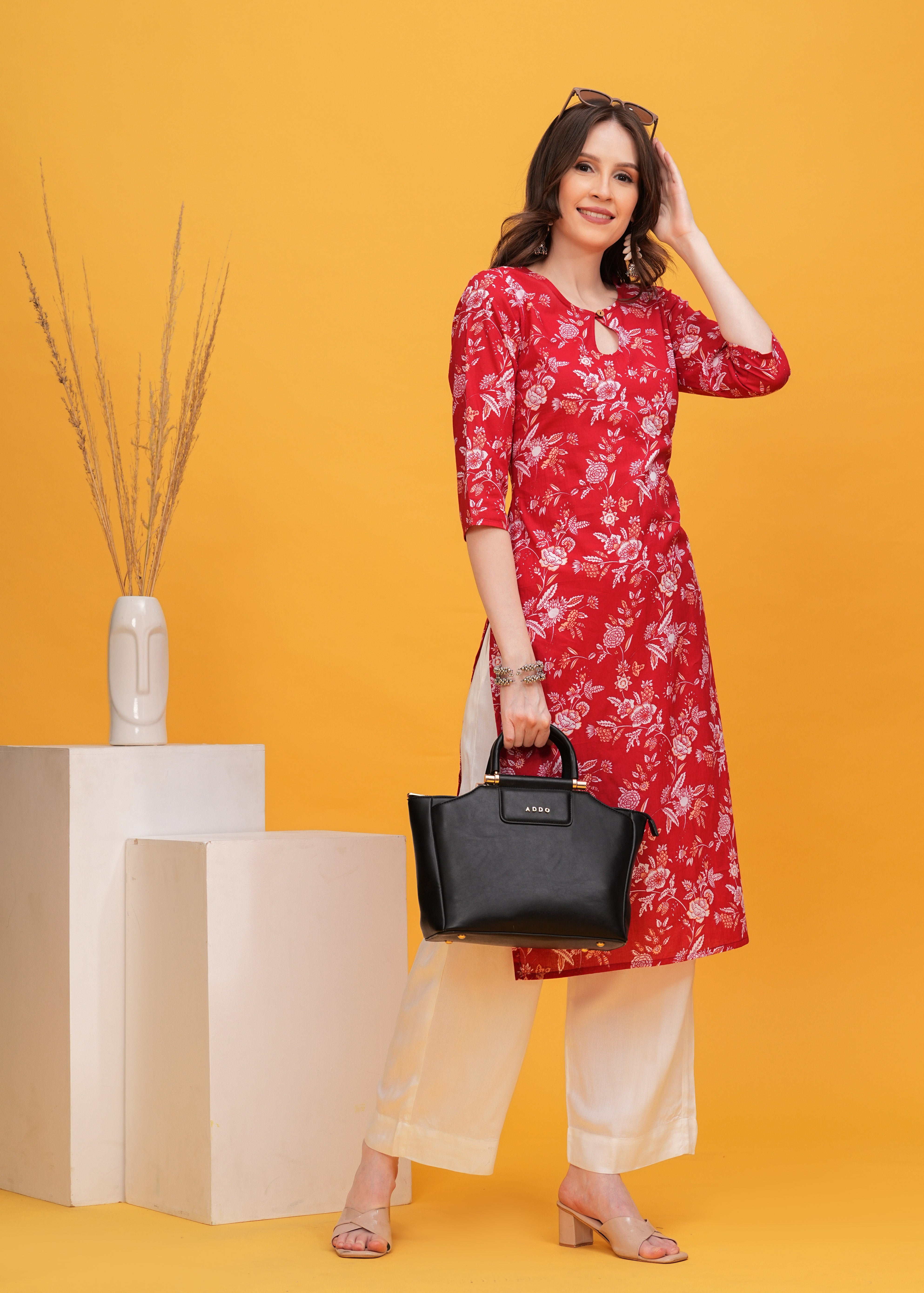 Floral Fiesta Red Color Cotton Long Kurti -Combining Comfort and Vibrant Style For Any Occasion