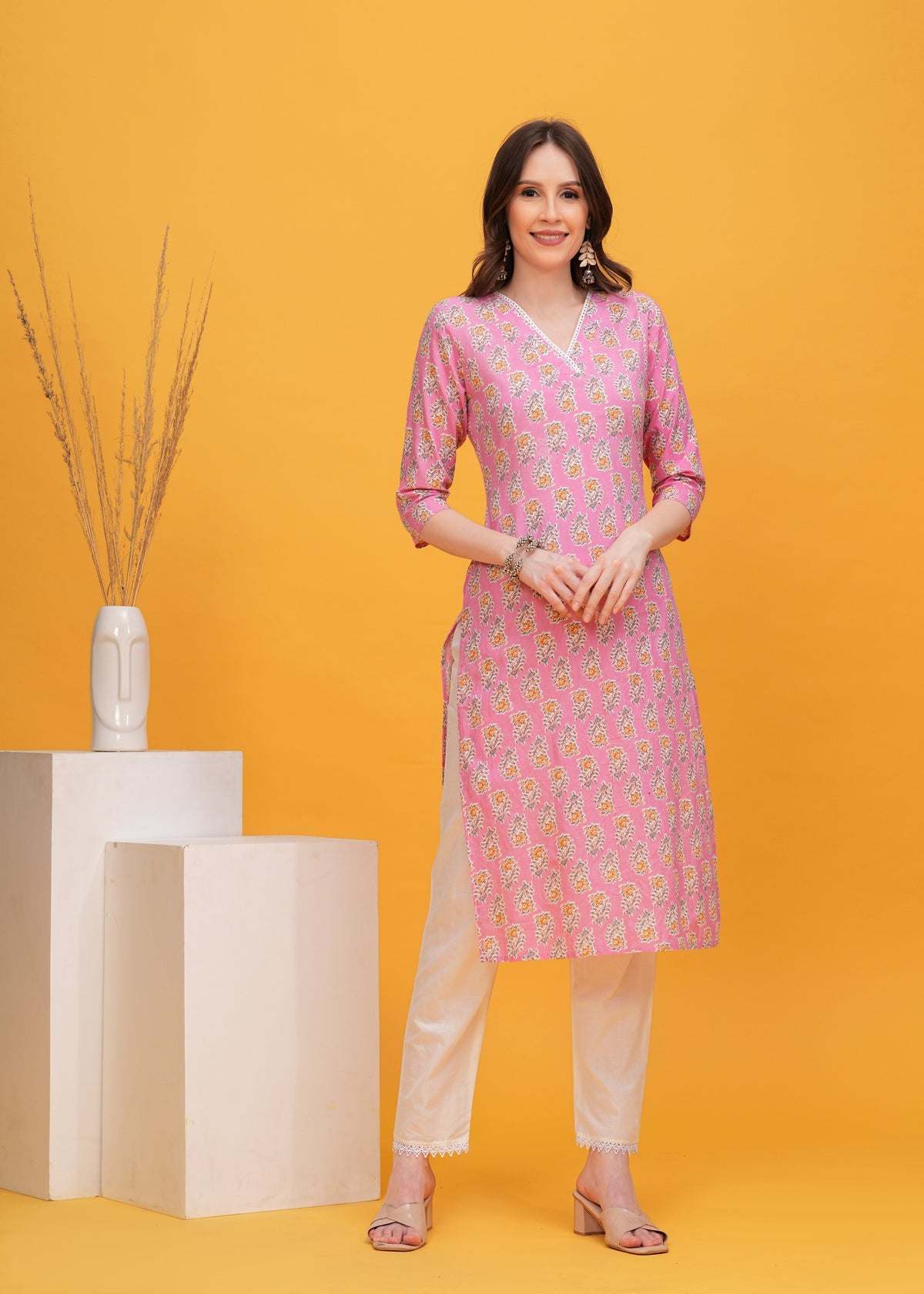 Charming Pink  Printed Cotton Long Kurti-Perfect Blend Of Style And Comfort