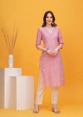 Charming Pink  Printed Cotton Long Kurti-Perfect Blend Of Style And Comfort